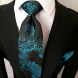 Black Teal Paisley Silk Tie Pocket Square Cufflink Set