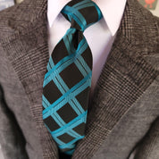 Black Teal Plaid Silk Tie Pocket Square Cufflink Set - STYLETIE