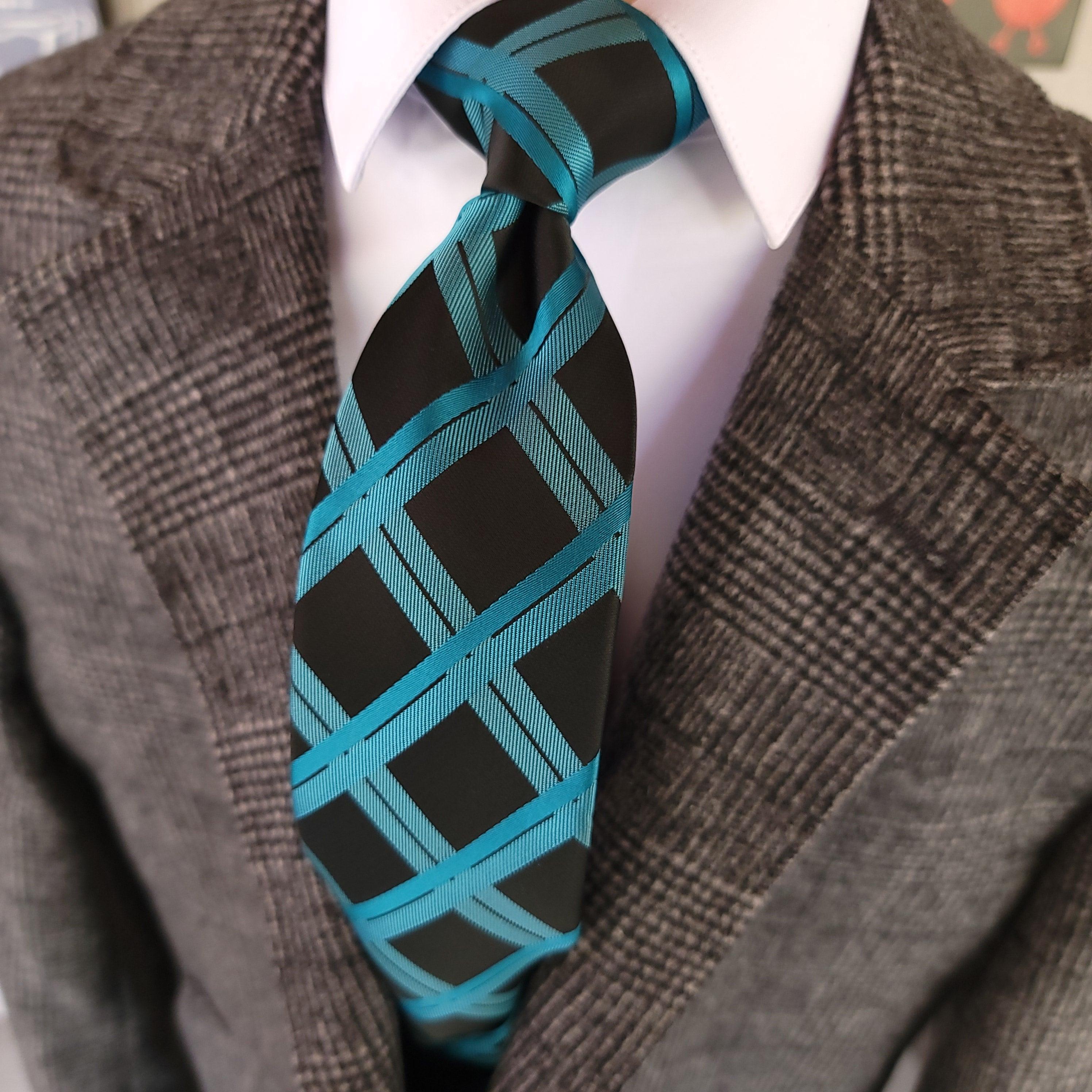 Black Teal Plaid Silk Tie Pocket Square Cufflink Set - STYLETIE