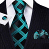 Black Teal Plaid Silk Tie Pocket Square Cufflink Set - STYLETIE