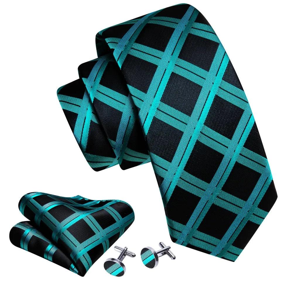 Black Teal Plaid Silk Tie Pocket Square Cufflink Set - STYLETIE