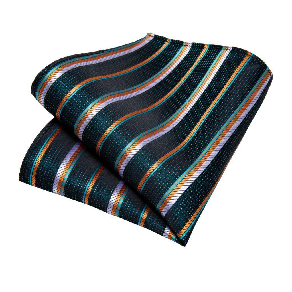 Black Teal Striped Silk Tie Pocket Square Cufflink Set - STYLETIE