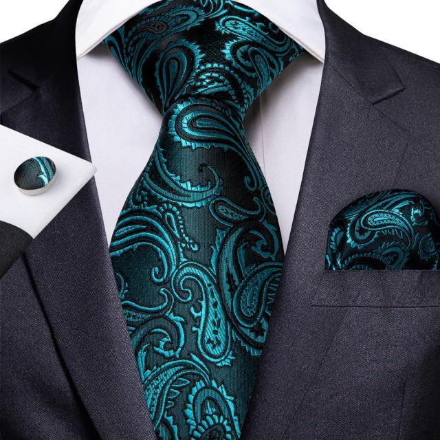Black Turquoise Paisley Silk Tie Pocket Square Cufflink Set - STYLETIE