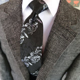 Black White Floral Silk Tie Pocket Square Cufflink Set