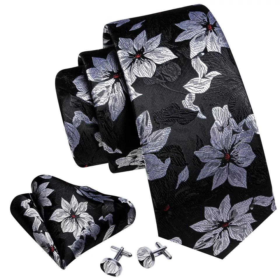 Black White Floral Silk Tie Pocket Square Cufflink Set - STYLETIE