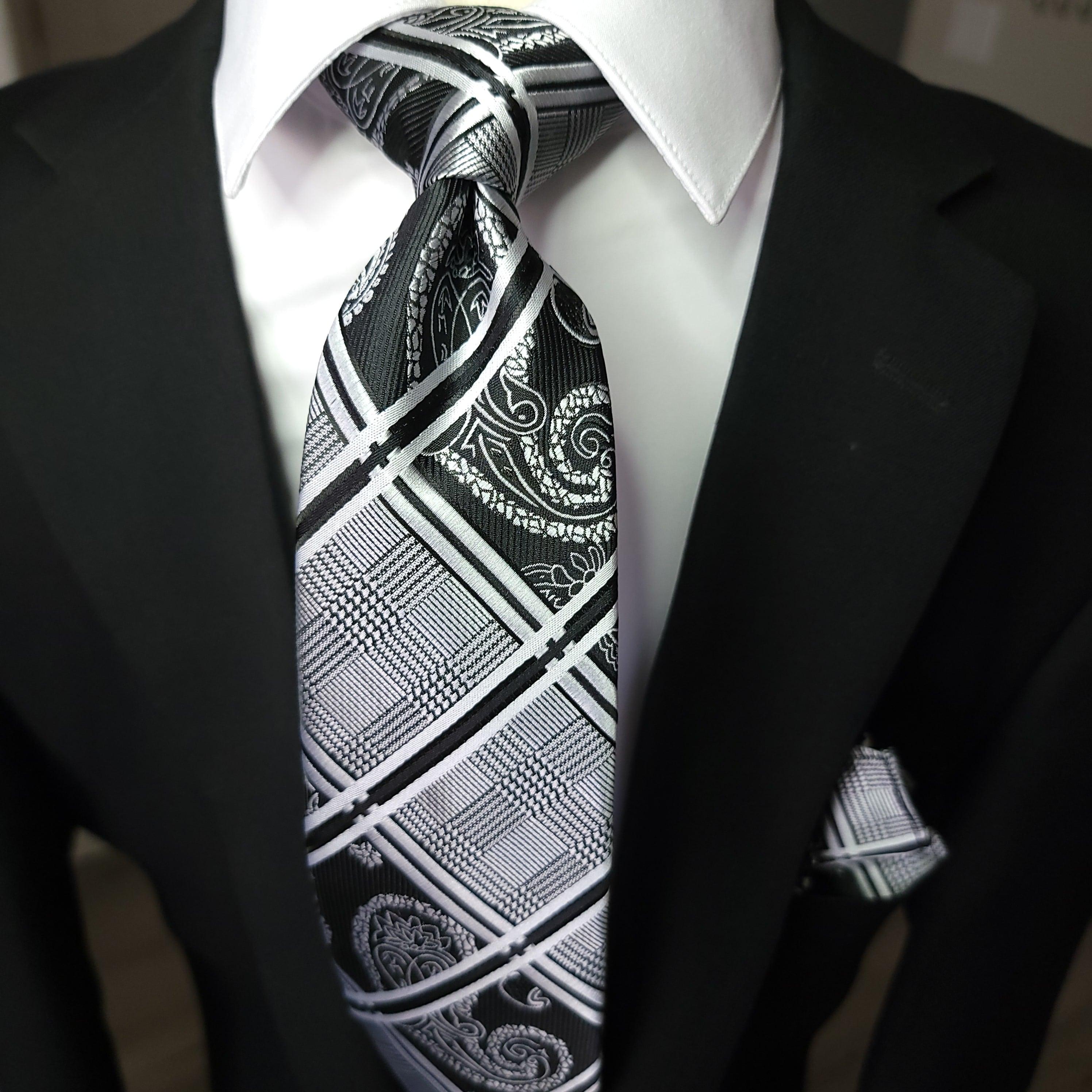 Black White Plaid Paisley Silk Tie Pocket Square Cufflink Set - STYLETIE