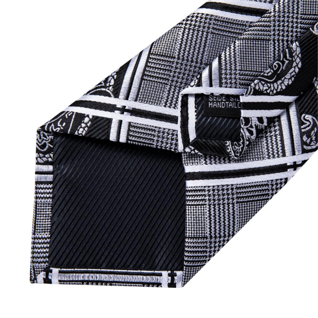 Black White Plaid Paisley Silk Tie Pocket Square Cufflink Set - STYLETIE