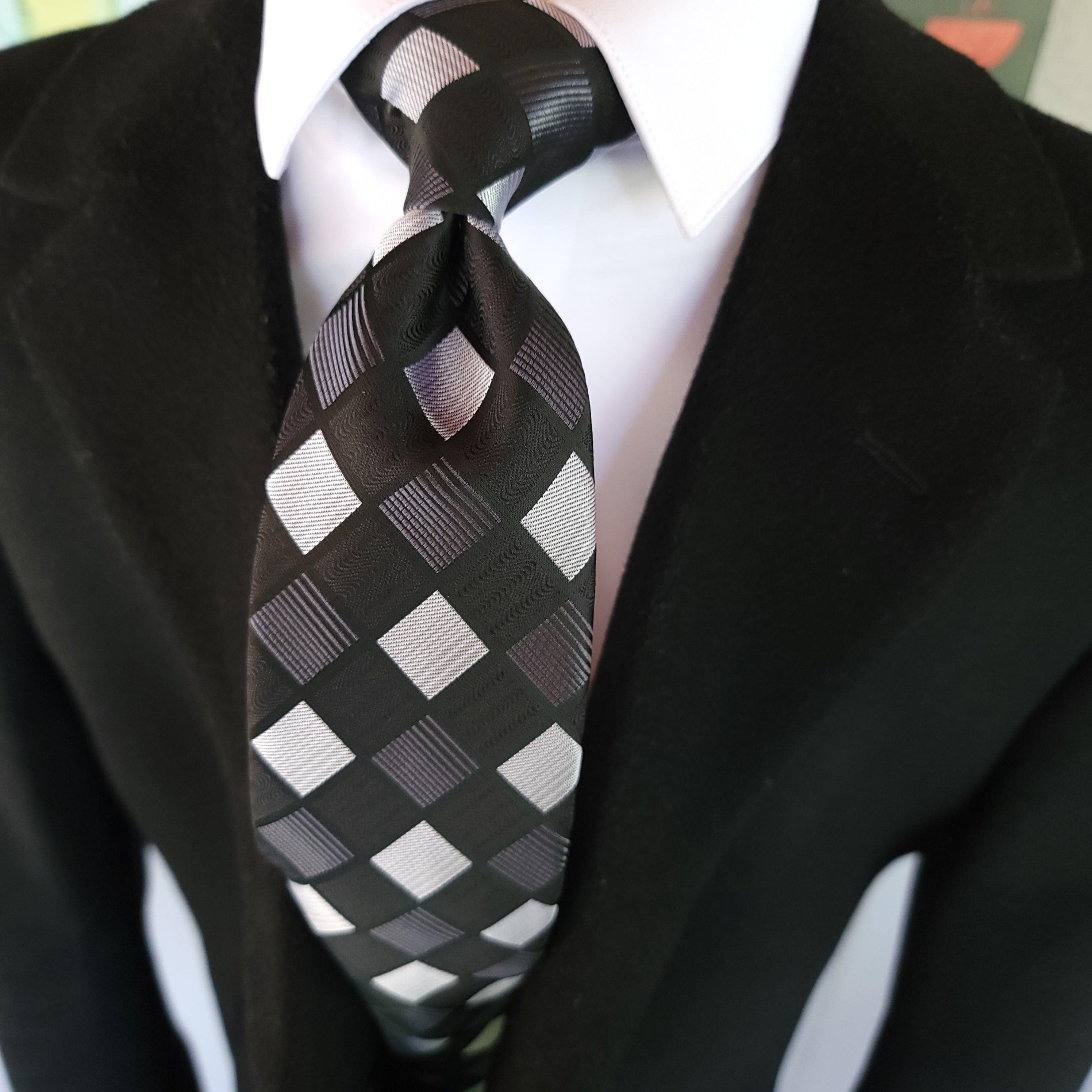 Black White Plaid Silk Tie Pocket Square Cufflink Set - STYLETIE