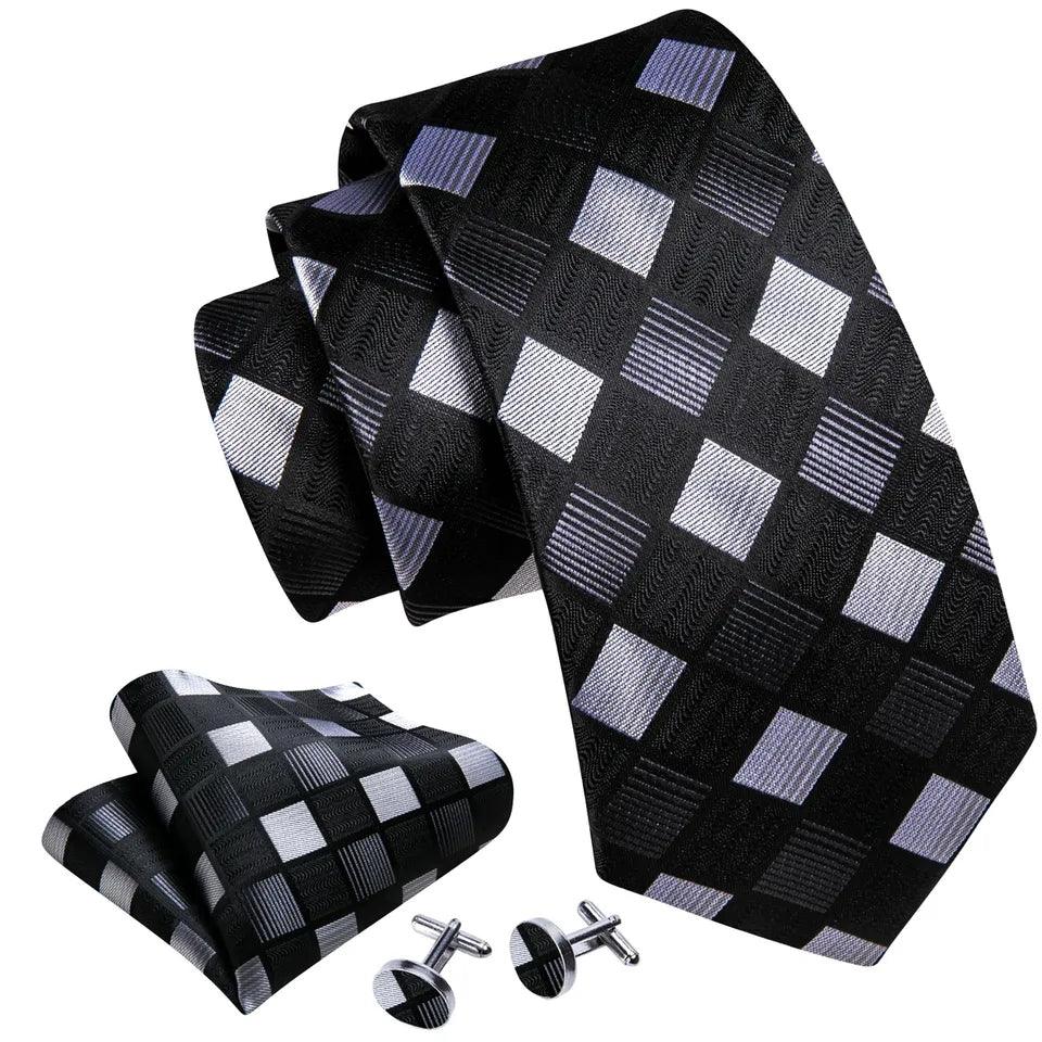 Black White Plaid Silk Tie Pocket Square Cufflink Set - STYLETIE