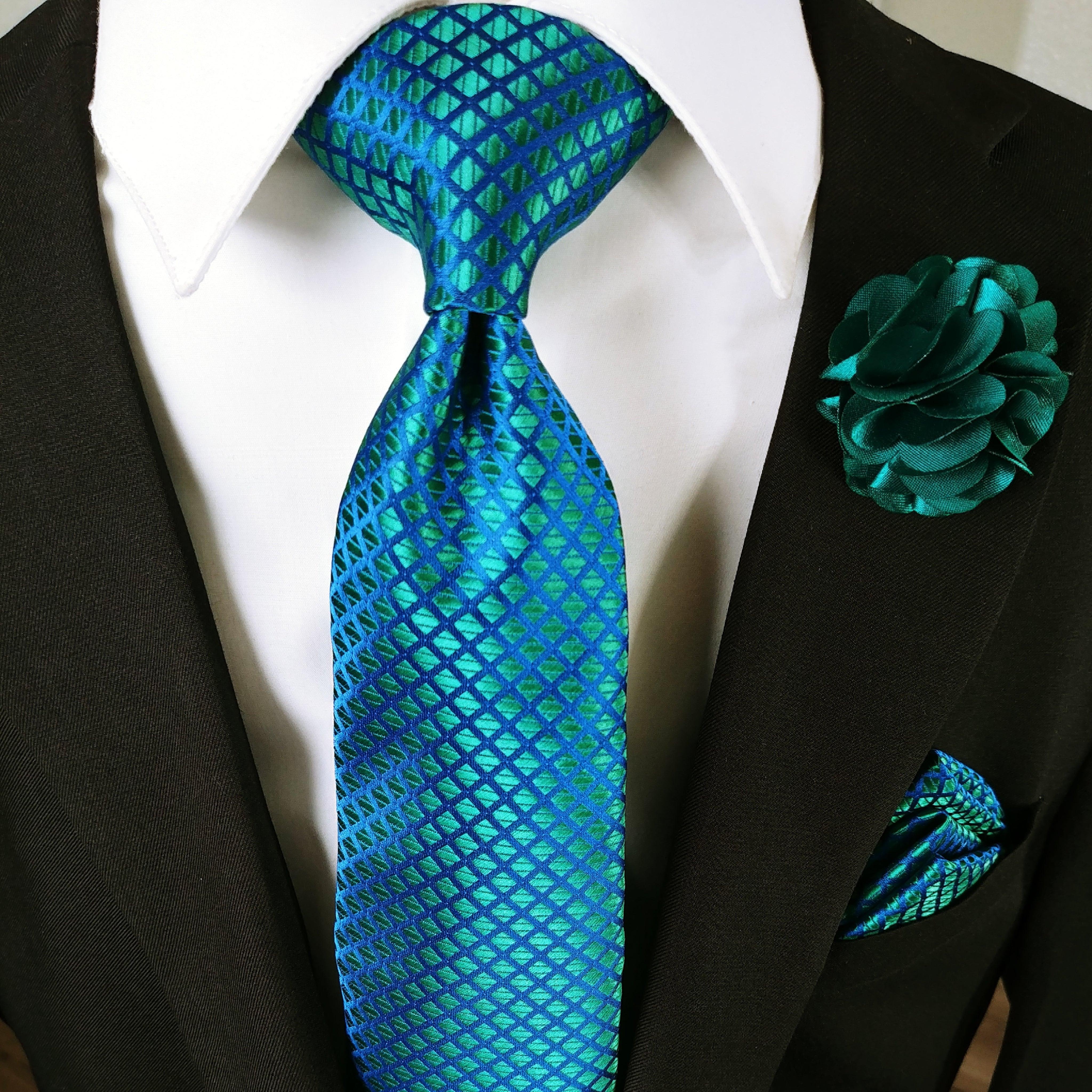 Blue & Emerald Green Silk Tie Pocket Square & Cufflinks Set - STYLETIE