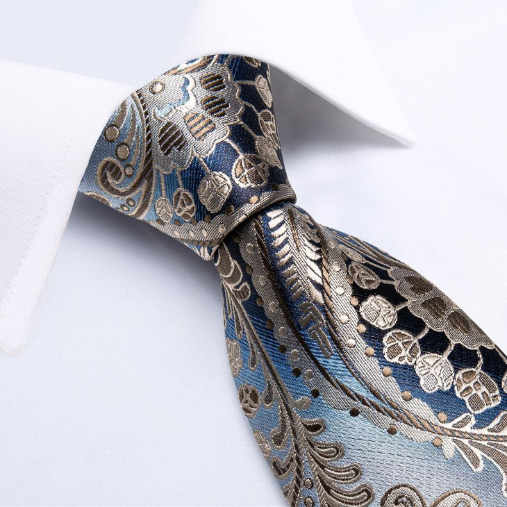 Blue Champagne Paisley Silk Tie Pocket Square Cufflink Set - STYLETIE