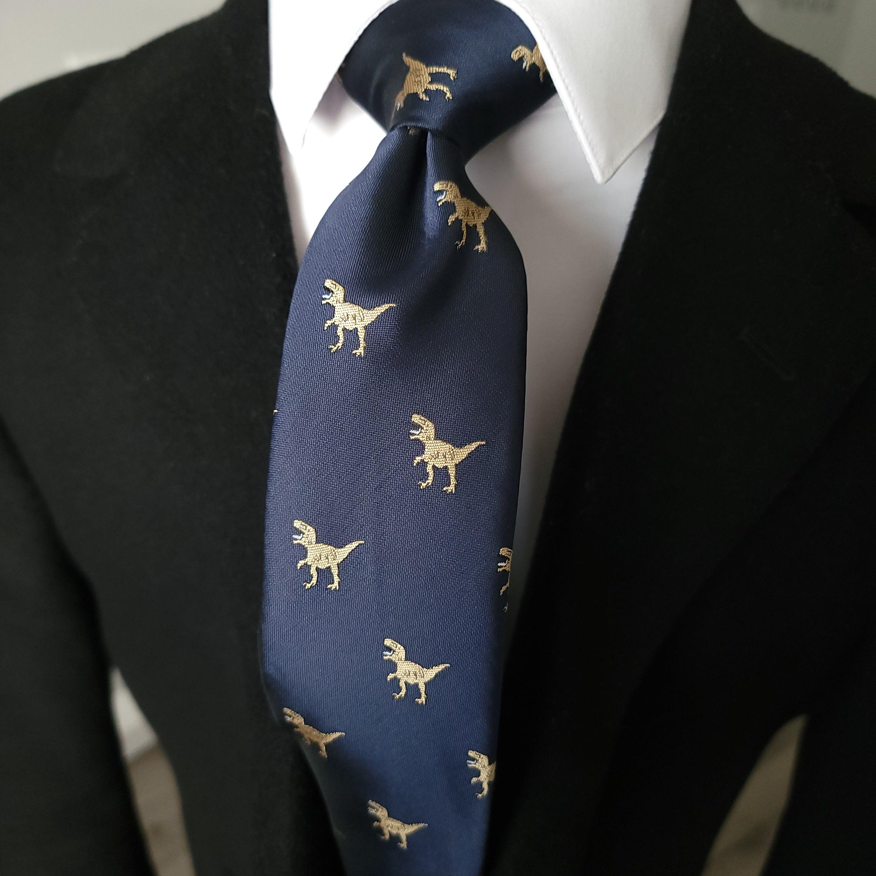 Blue Dinosaur Pattern Silk Tie Pocket Square Cufflinks Set - STYLETIE
