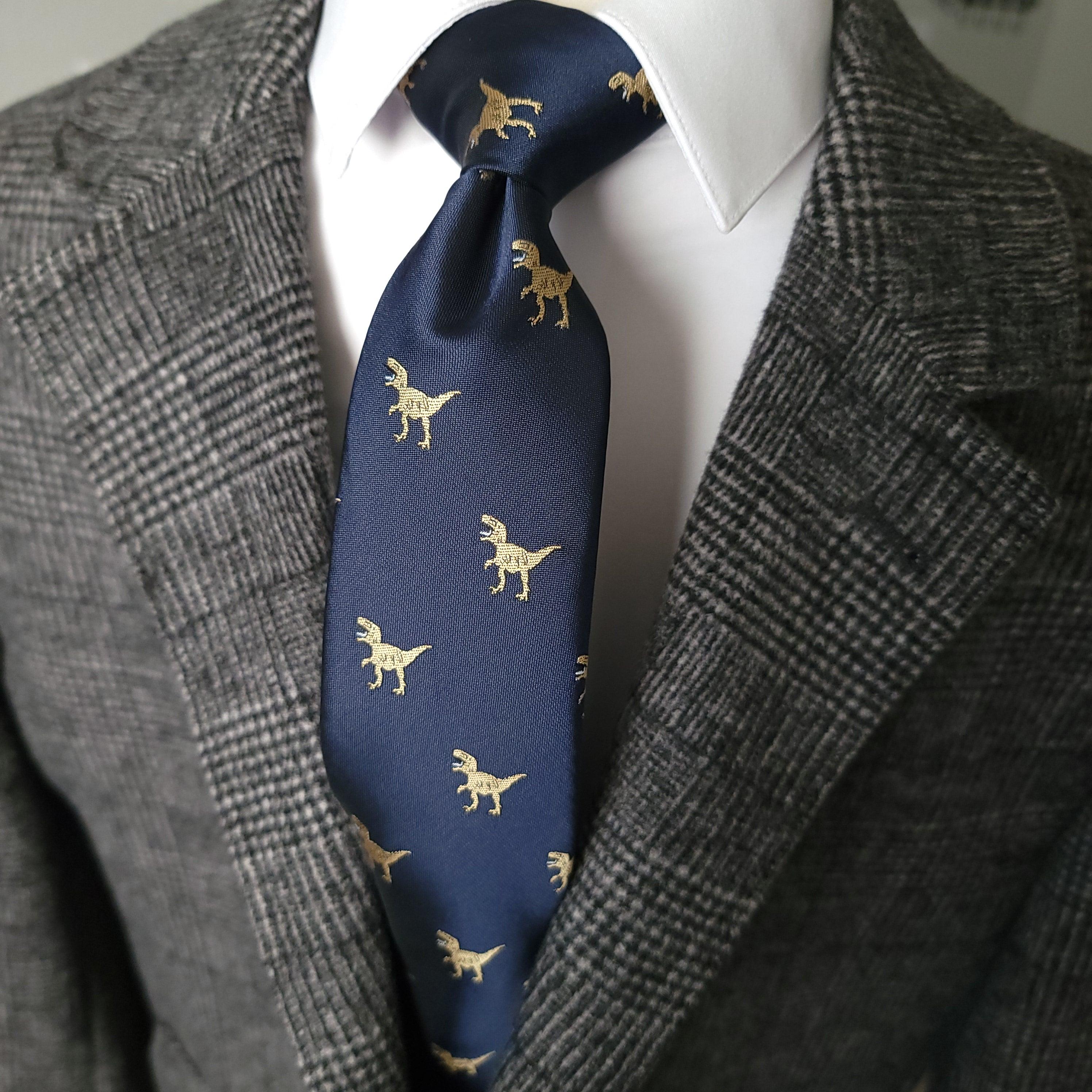 Blue Dinosaur Pattern Silk Tie Pocket Square Cufflinks Set - STYLETIE