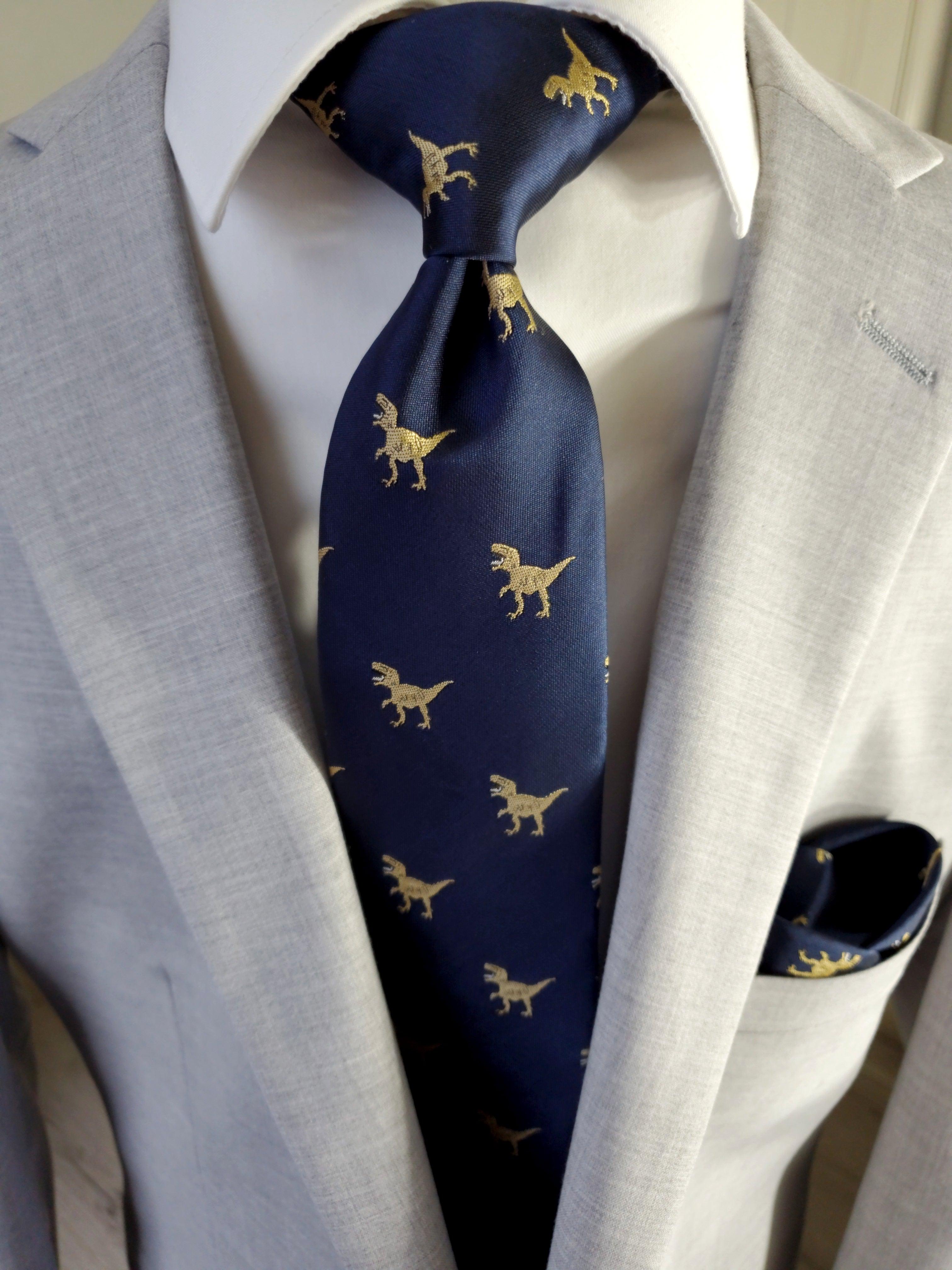 Blue Dinosaur Pattern Silk Tie Pocket Square Cufflinks Set - STYLETIE