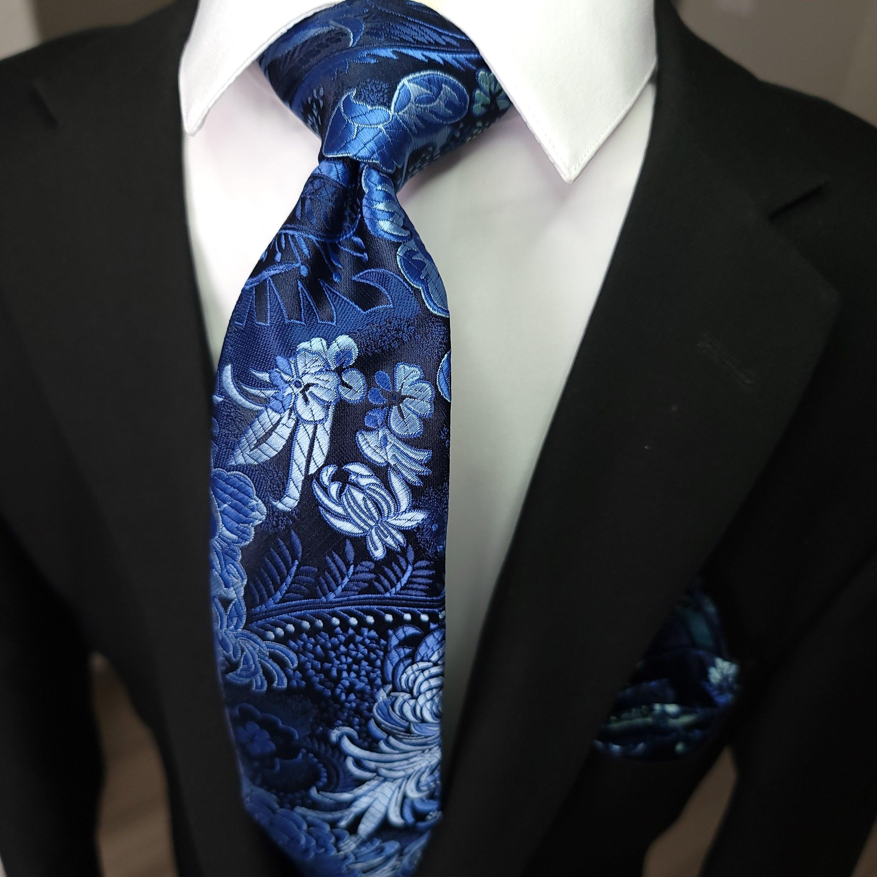 Blue Floral Silk Tie Pocket Square Cufflink Set - STYLETIE