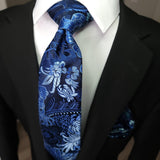 Blue Floral Silk Tie Pocket Square Cufflink Set