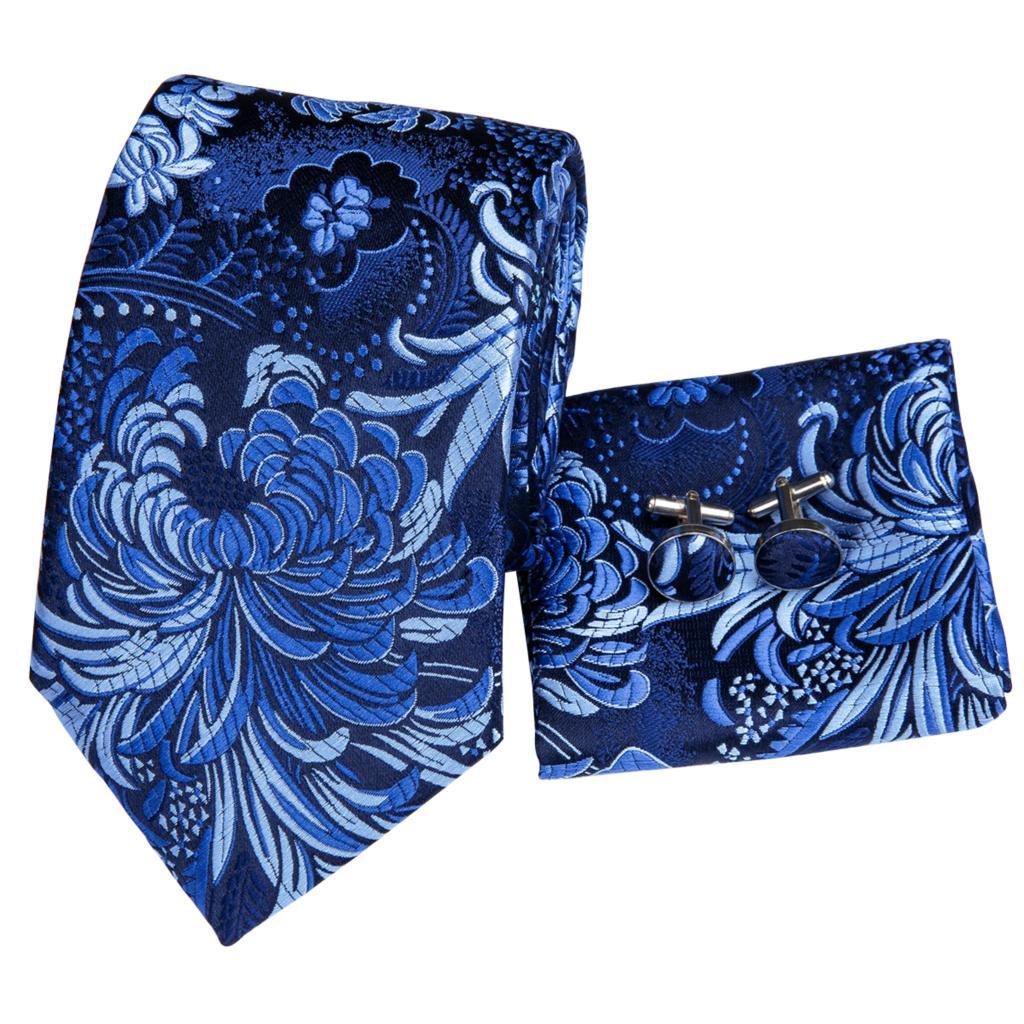 Blue Floral Silk Tie Pocket Square Cufflink Set - STYLETIE