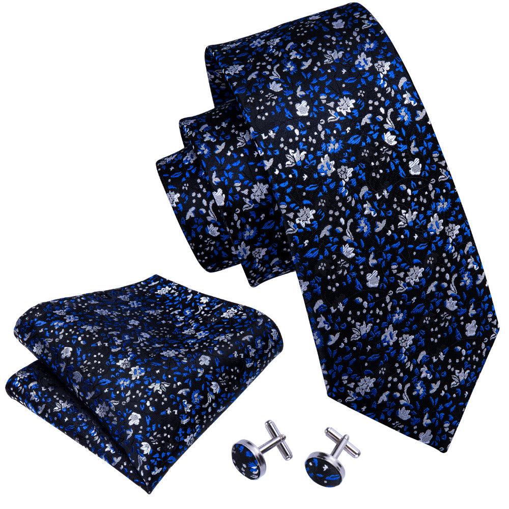 Blue Floral Silk Tie Pocket Square Cufflinks Set - STYLETIE