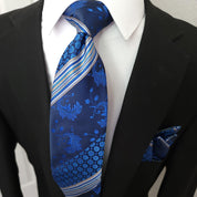 Blue Floral Striped Silk Tie Pocket Square Cufflink Set - STYLETIE