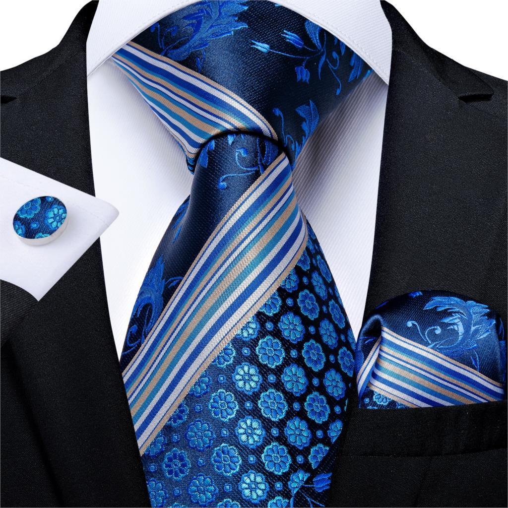 Blue Floral Striped Silk Tie Pocket Square Cufflink Set - STYLETIE