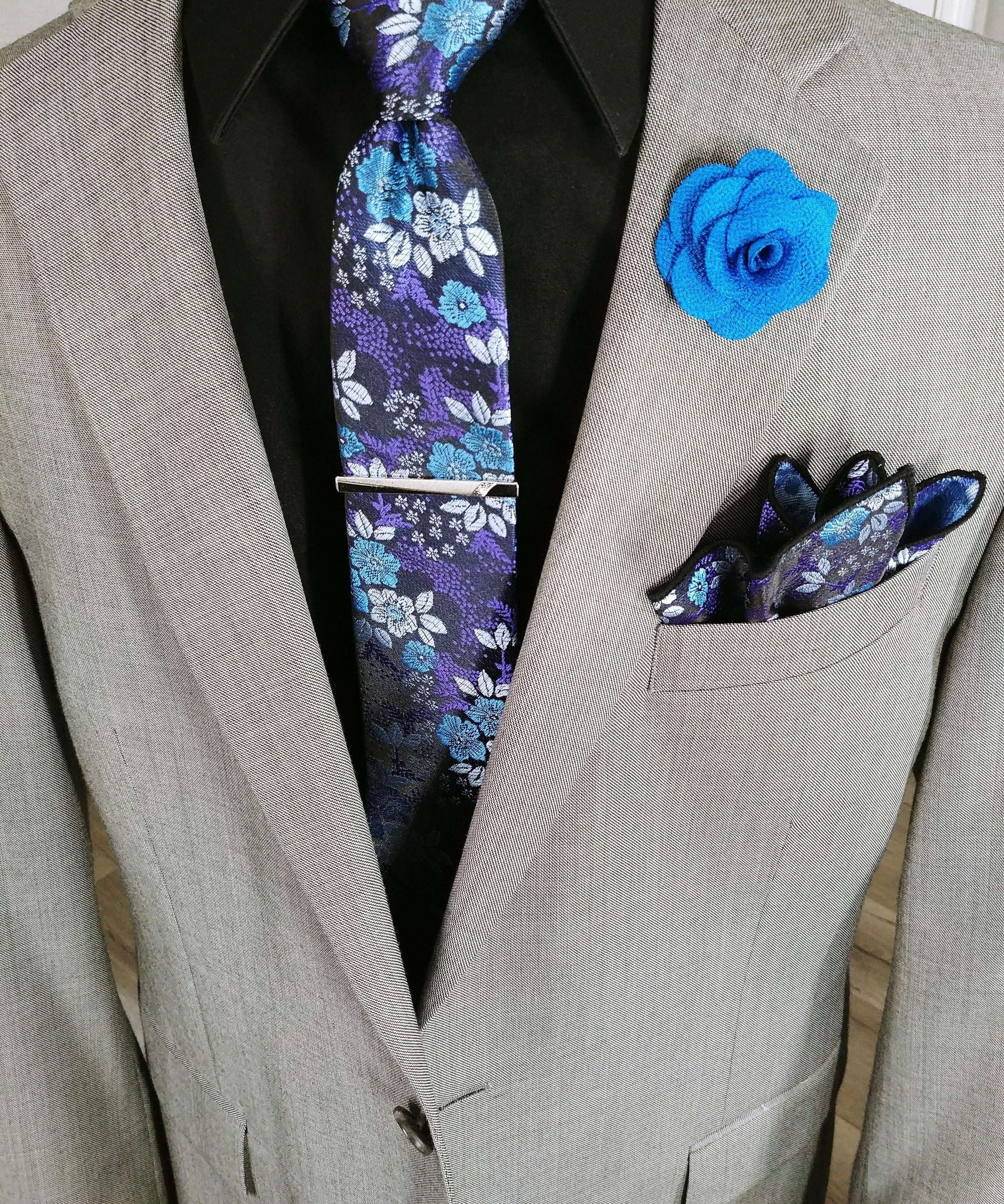 Blue Floral Tie Silk Jacquard Necktie Hanky Cufflinks Set - STYLETIE