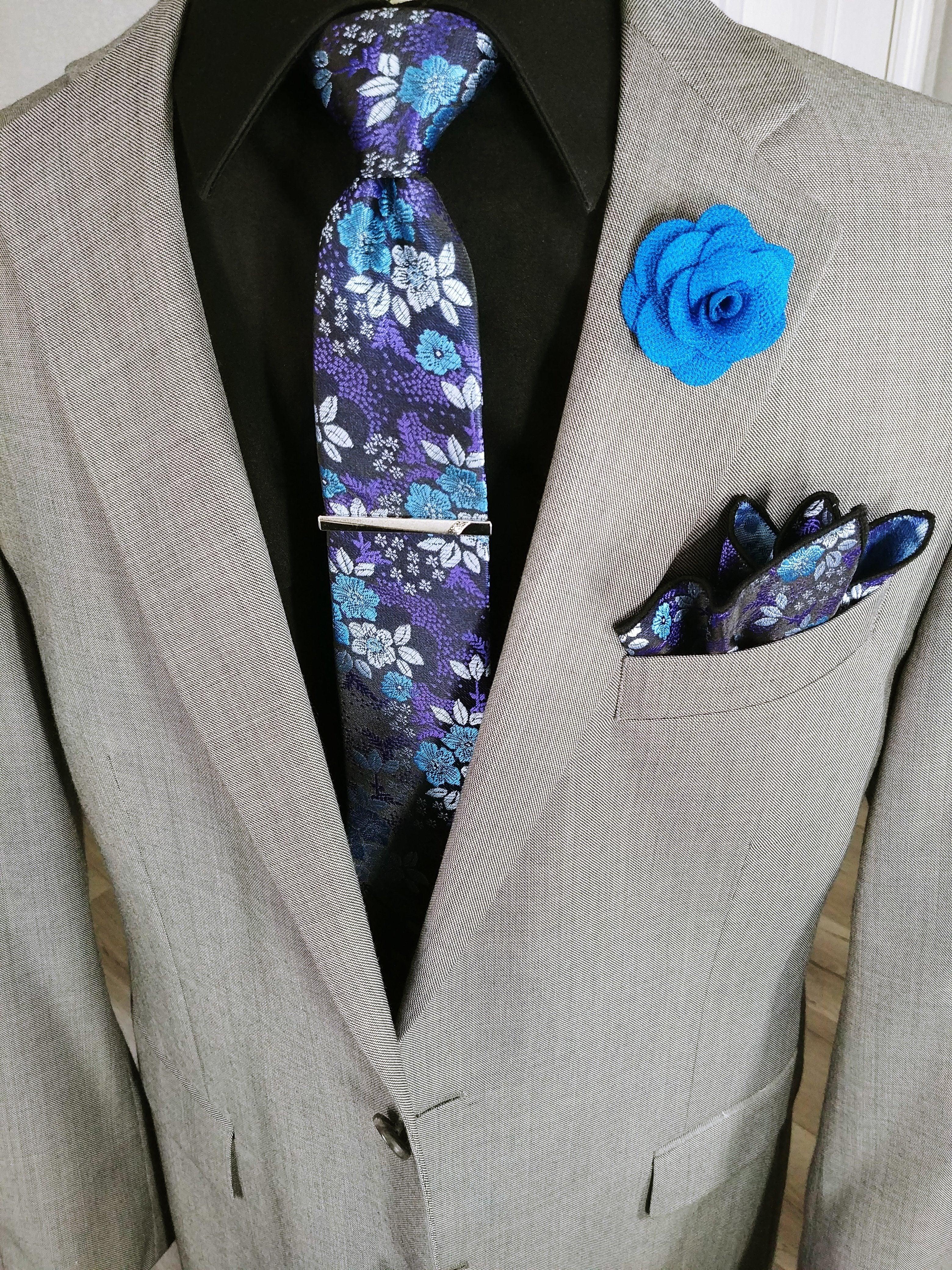 Blue Floral Tie Silk Jacquard Necktie Hanky Cufflinks Set - STYLETIE