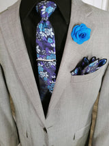 Blue Floral Tie Silk Jacquard Necktie Hanky Cufflinks Set