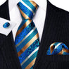 Blue Gold Stripe Floral Silk Tie Pocket Square Cufflink Set - STYLETIE