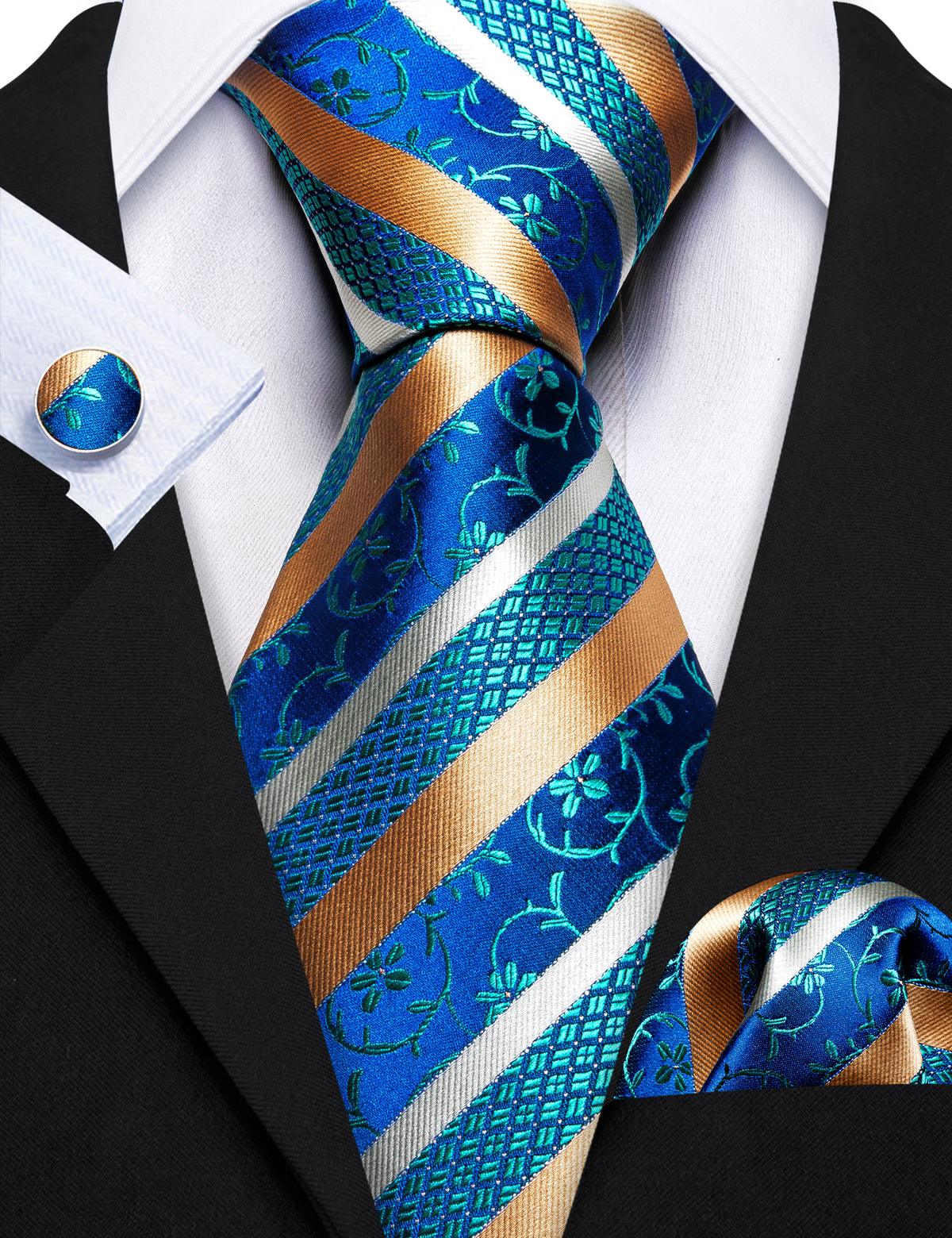 Blue Gold Stripe Floral Silk Tie Pocket Square Cufflink Set - STYLETIE