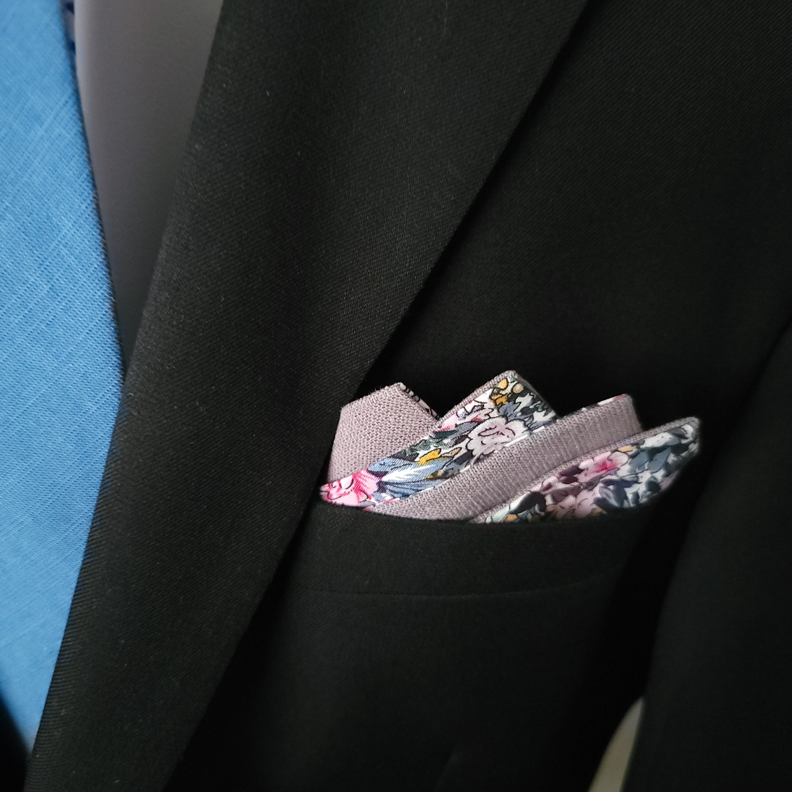 Blue Green Pink Gray Floral Reversible Pocket Square