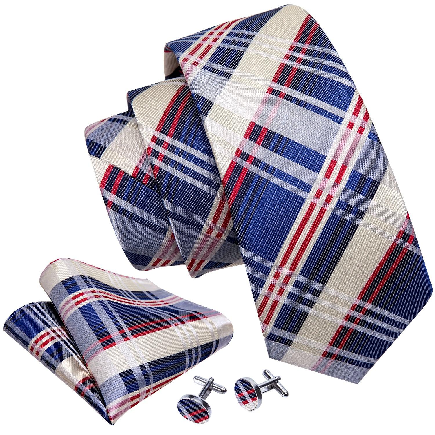 Blue Khaki Plaid Silk Tie Pocket Square Cufflinks Set - STYLETIE