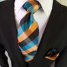 Blue Orange Black Plaid Silk Tie Pocket Square Cufflink Set - STYLETIE