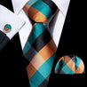 Blue Orange Black Plaid Silk Tie Pocket Square Cufflink Set - STYLETIE