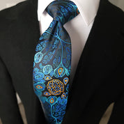 Blue Paisley Floral Silk Tie Pocket Square Cufflinks Set - STYLETIE