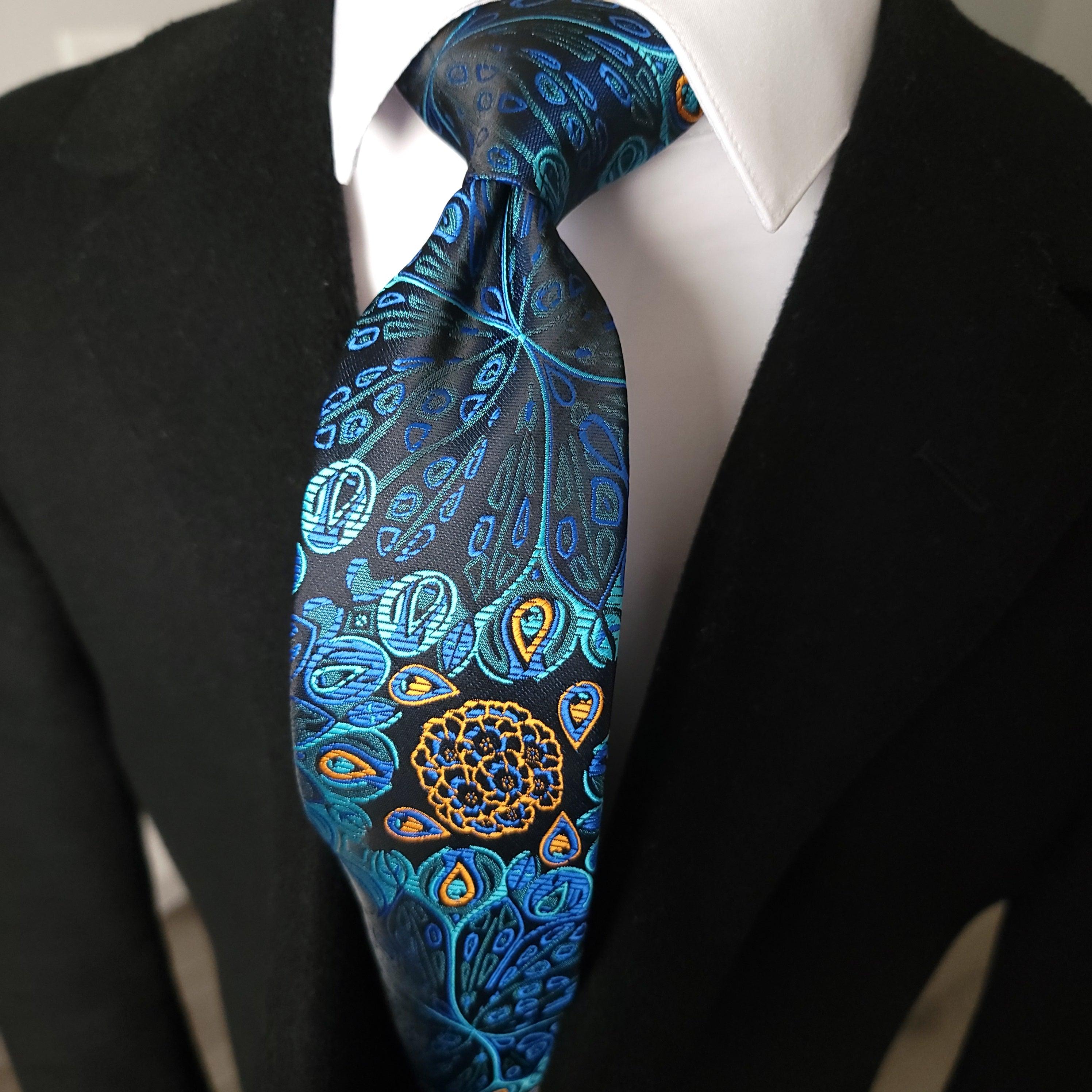 Blue Paisley Floral Silk Tie Pocket Square Cufflinks Set - STYLETIE