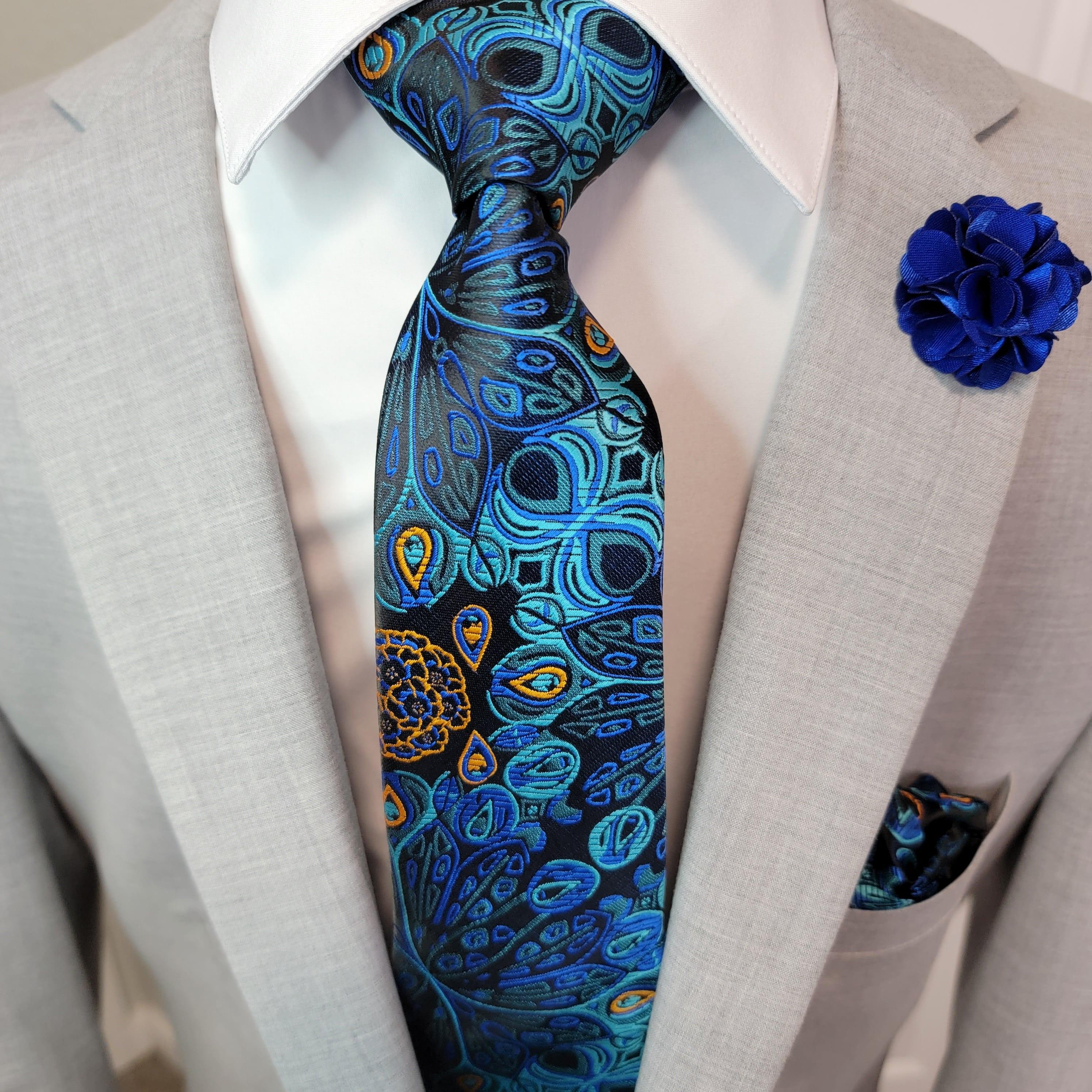 Blue Paisley Floral Silk Tie Pocket Square Cufflinks Set - STYLETIE