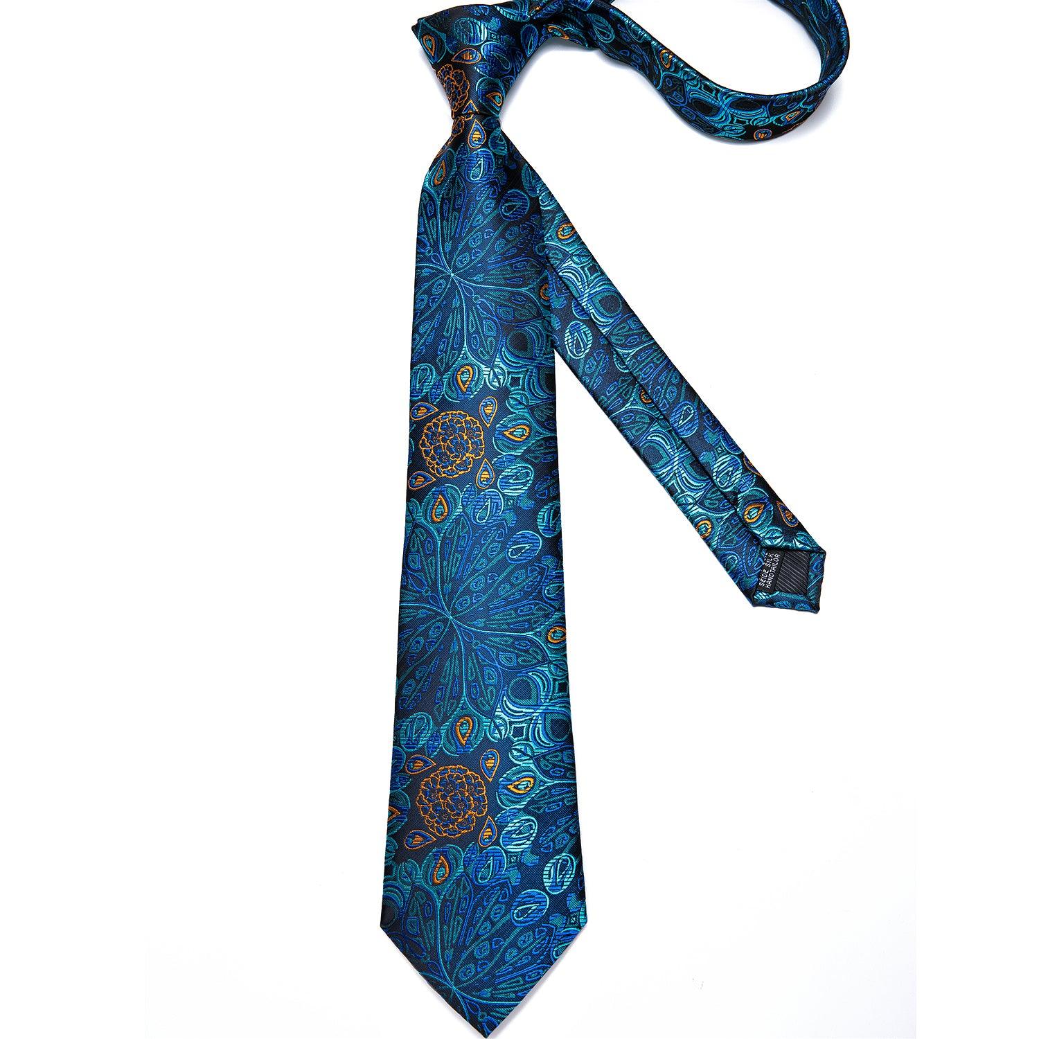 Blue Paisley Floral Silk Tie Pocket Square Cufflinks Set - STYLETIE