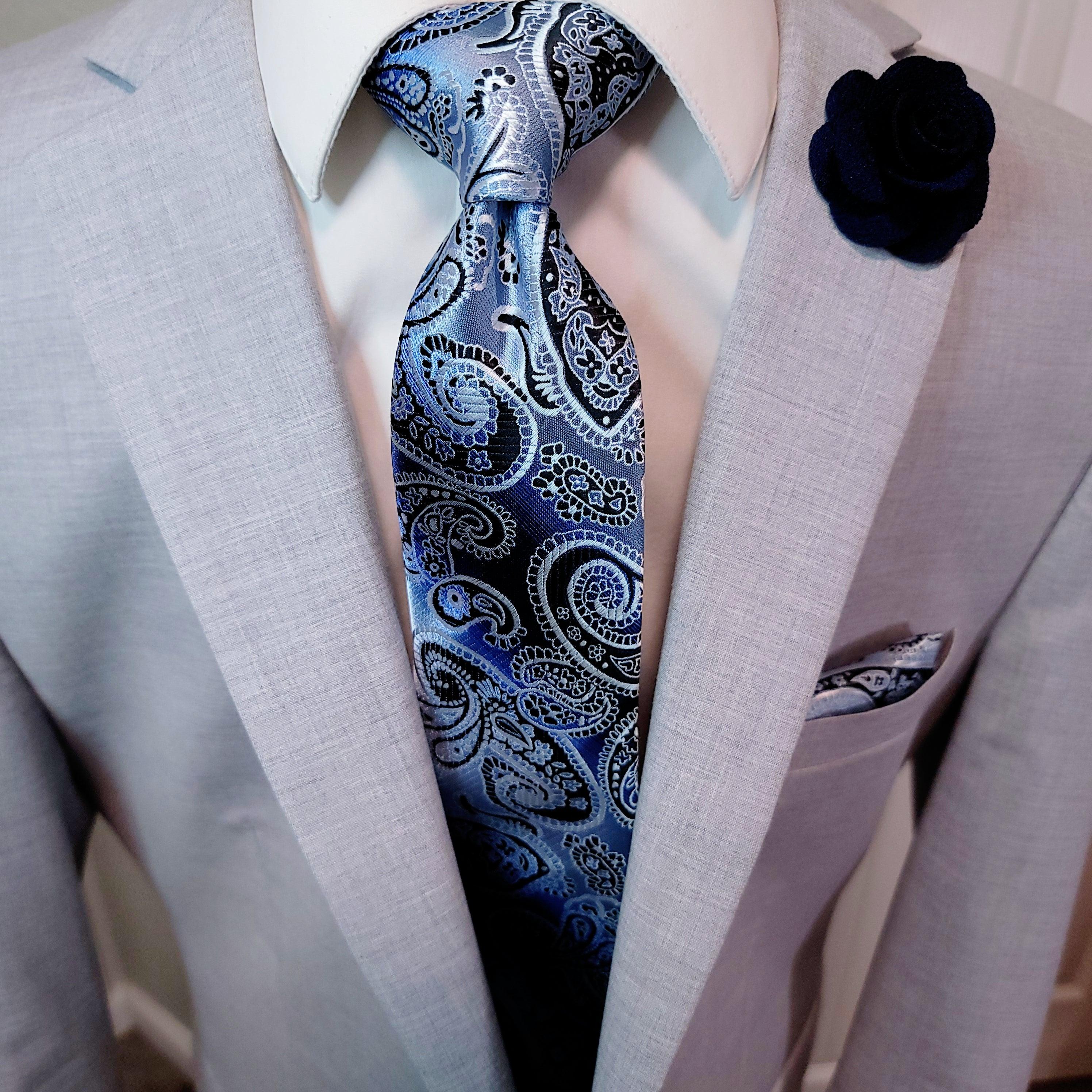 Blue Paisley Silk Tie Pocket Square Cufflink Set - STYLETIE