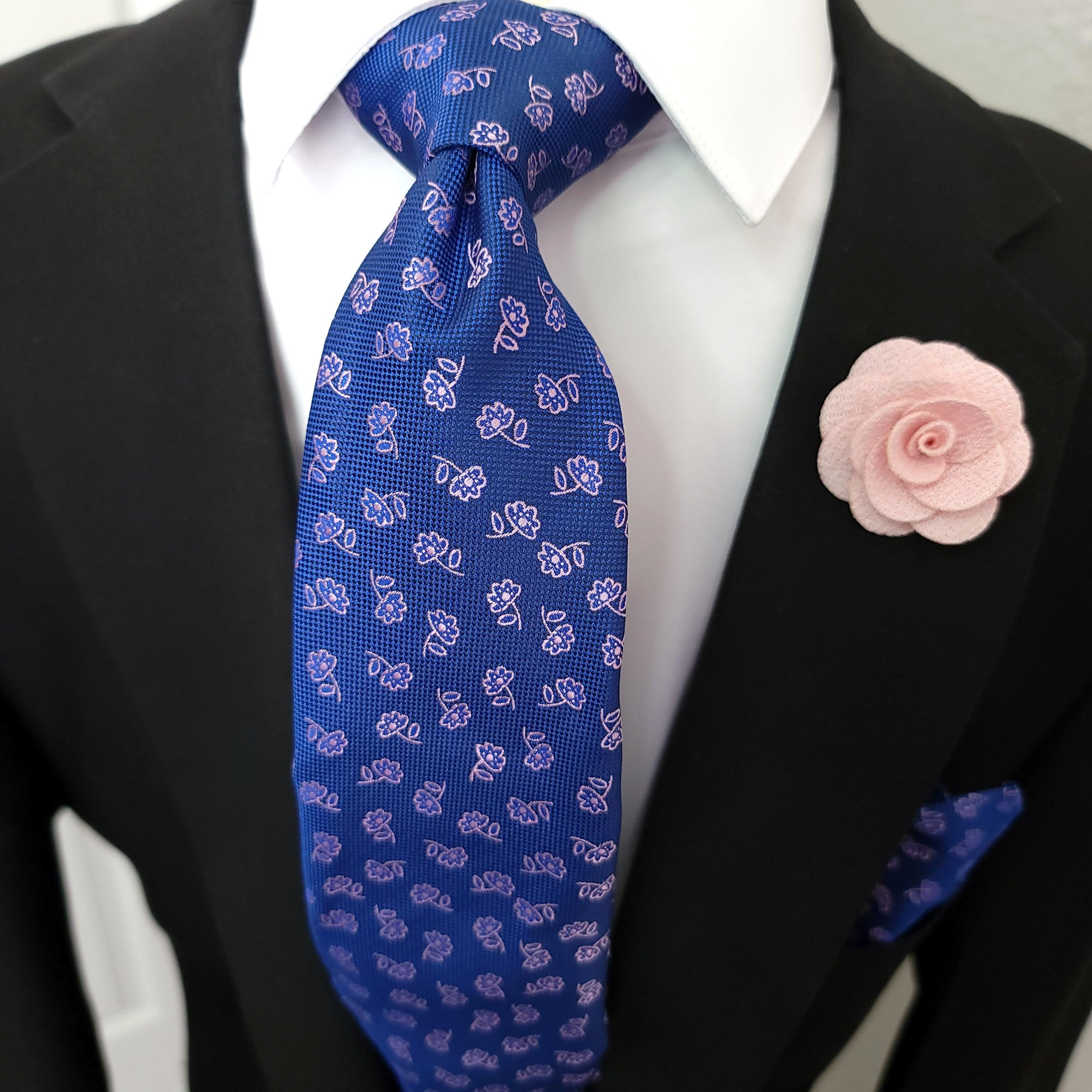Blue Pink Floral Silk Tie Pocket Square Cufflink Set - STYLETIE