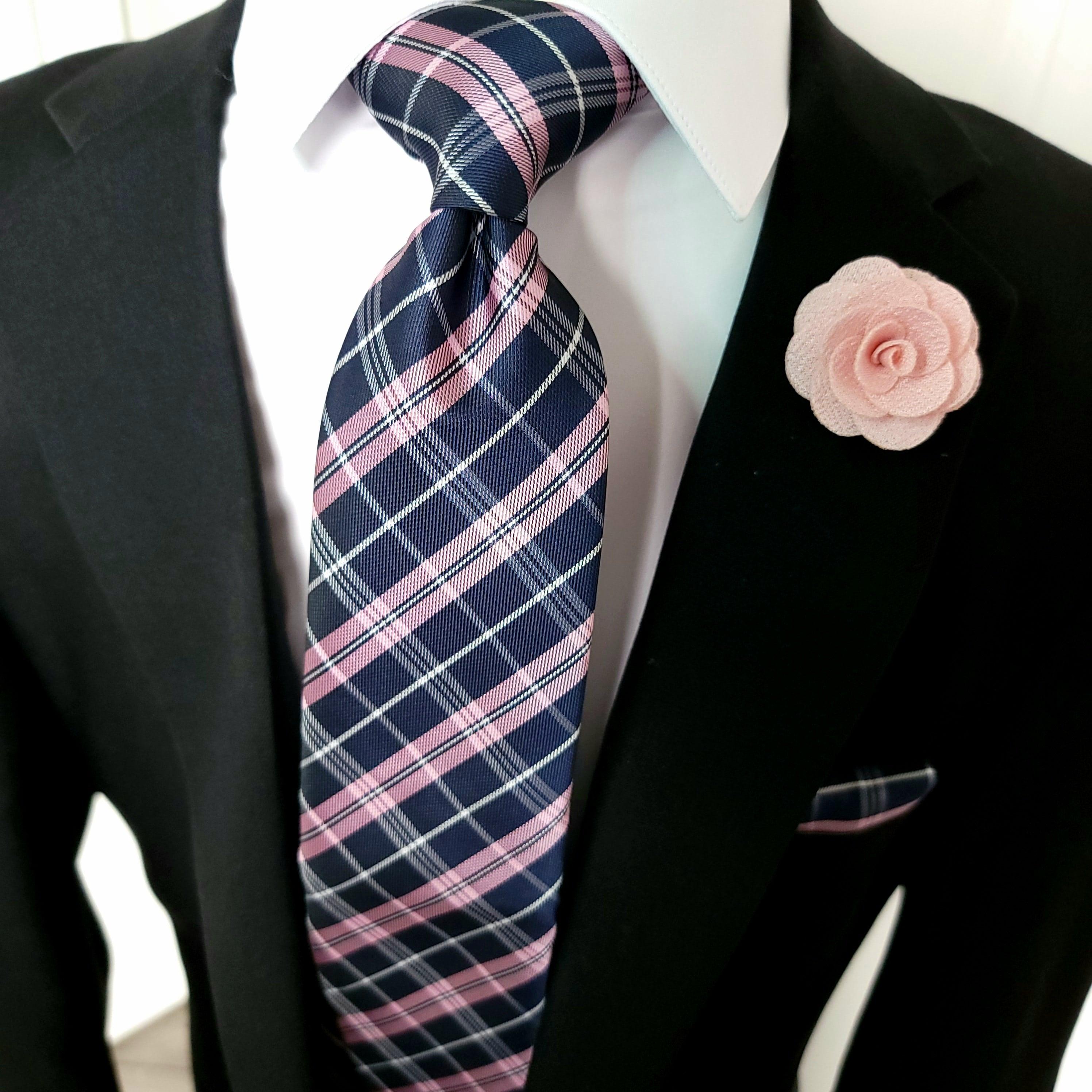 Blue Pink Striped Silk Tie Pocket Square Cufflink Set - STYLETIE