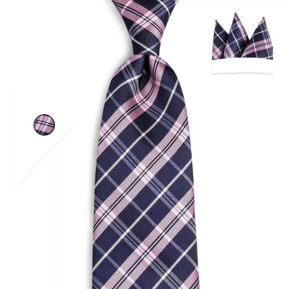 Blue Pink Striped Silk Tie Pocket Square Cufflink Set - STYLETIE