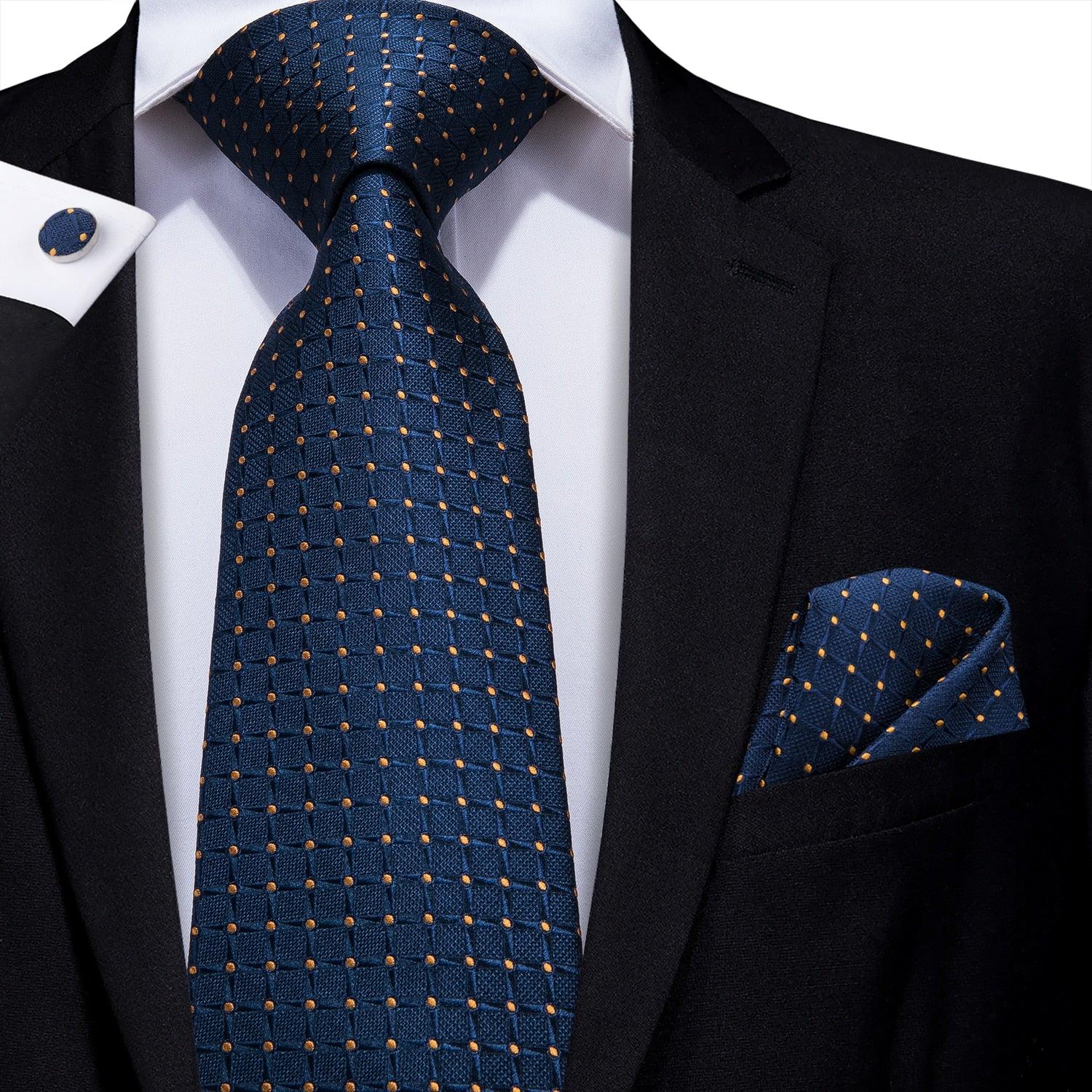 Blue Polka Dot Plaid Silk Tie Pocket Square Cufflinks Set - STYLETIE