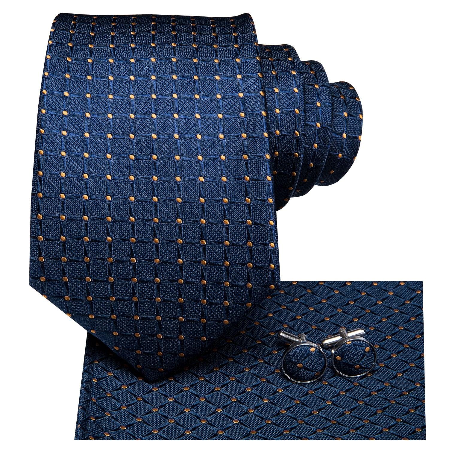 Blue Polka Dot Plaid Silk Tie Pocket Square Cufflinks Set - STYLETIE
