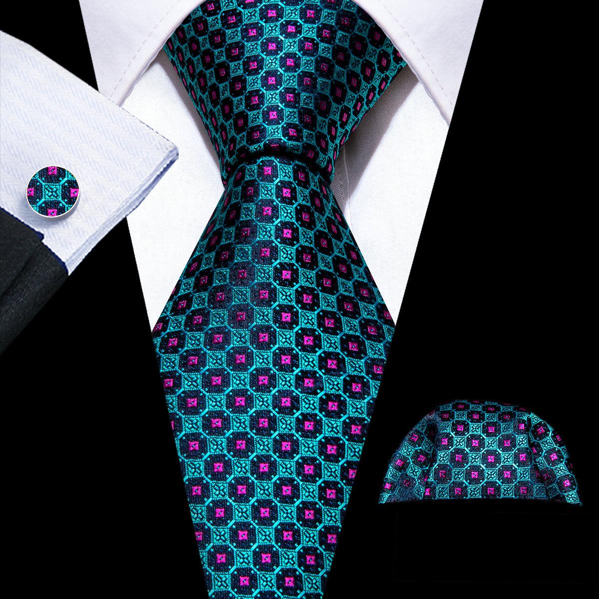 Blue Purple Geometric Silk Tie Pocket Square Cufflink Set - STYLETIE