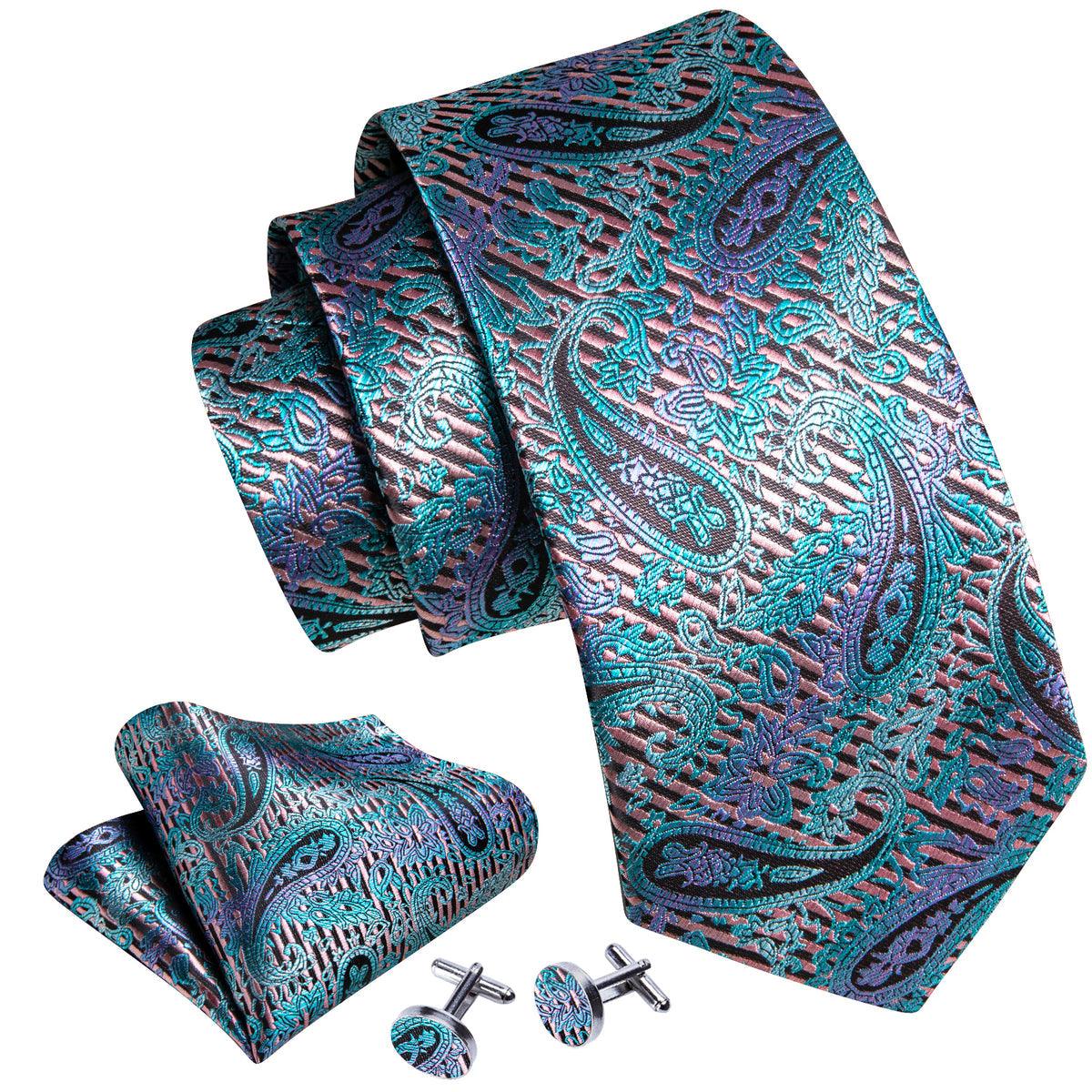 Blue Purple Paisley Silk Tie Pocket Square Cufflink Set - STYLETIE