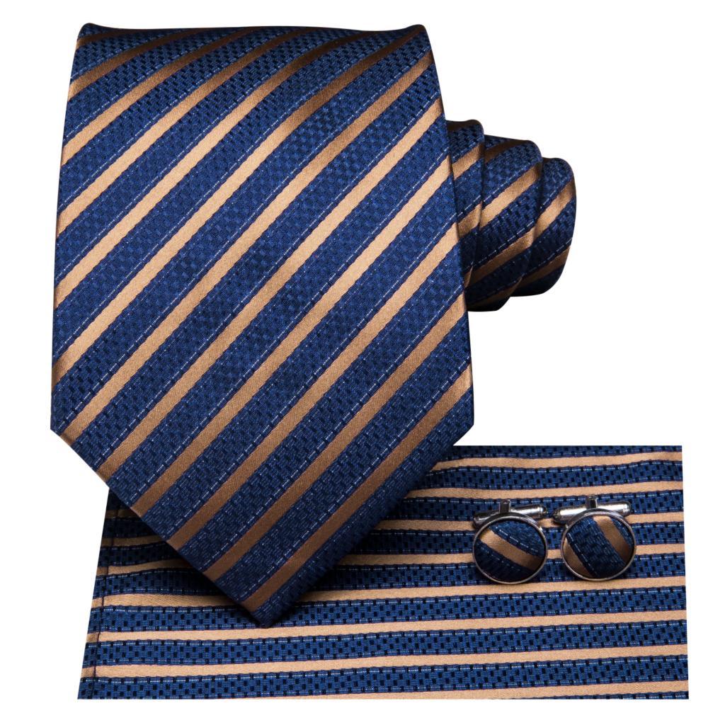 Blue Stripe Gold Silk Tie Pocket Square Cufflinks Set - STYLETIE