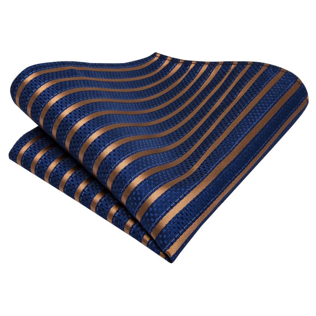 Blue Stripe Gold Silk Tie Pocket Square Cufflinks Set - STYLETIE