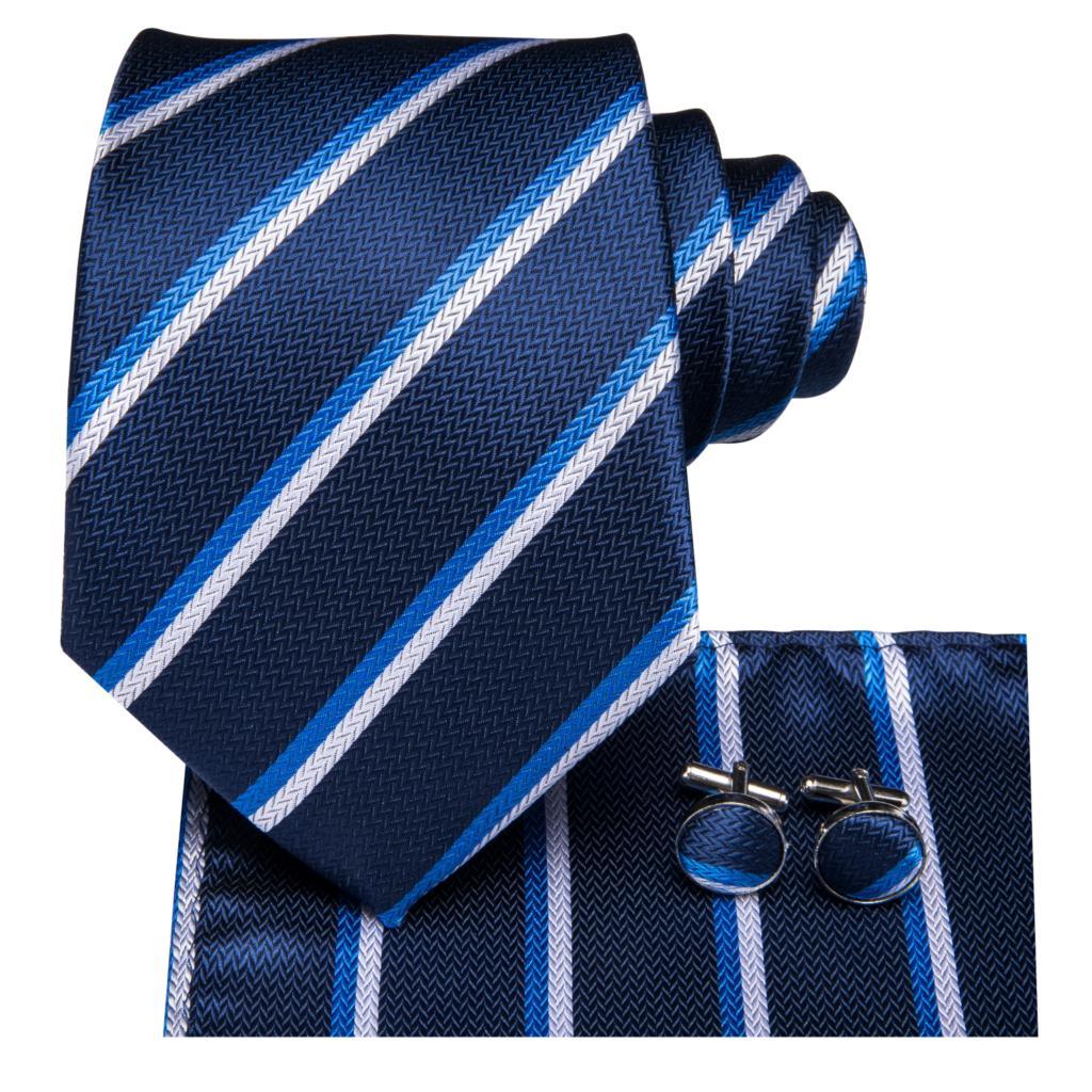 Blue Stripe Silk Tie Pocket Square Cufflink Set - STYLETIE