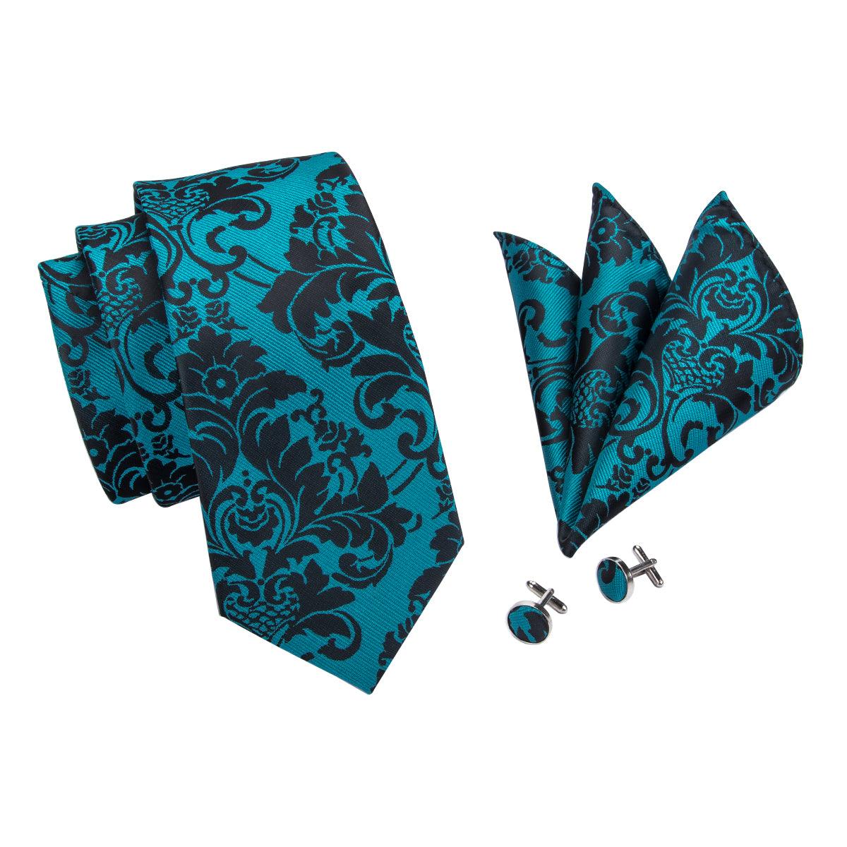 Blue Teal Black Floral Silk Tie Pocket Square Cufflink Set - STYLETIE