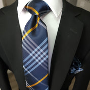 Blue White Plaid Silk Tie Pocket Square Cufflink Set - STYLETIE